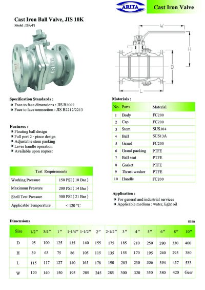 ARITA Ball Valve Cast iron (IBA-F1) - บอลวาล์ว JIS 10K