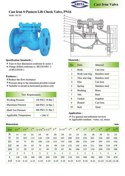 ARITA Lift Check Valve (ILC-F3) - วาล์วกันกลับ PN16