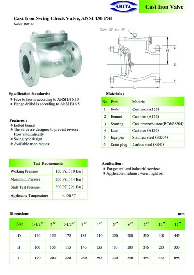 ARITA Swing Check Valve (ISW-F2) - สวิงเช็ควาล์ว ANSI 150