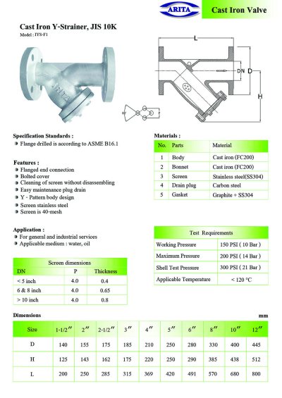 ARITA Cast Iron Y-Strainer (IYS-F1) - JIS10K