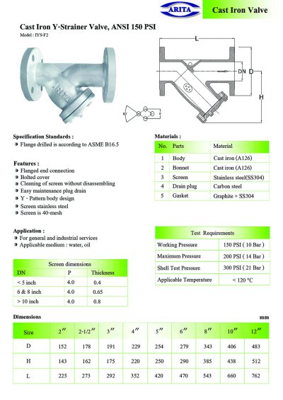 ARITA Cast Iron Y-Strainer (IYS-F2) - ANSI 150 PSI