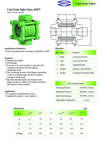 ARITA ISG Series Sight Glass Cast Iron BSPT
