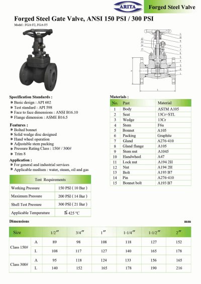 ARITA FGA-F2 & F5 Gate Valve Forged Steel Flange ANSI