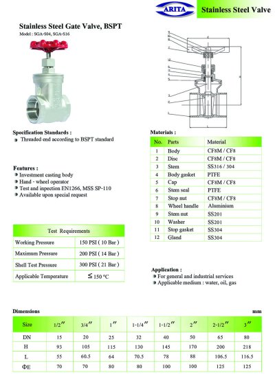 ARITA SGA Gate Valve Stainless Steel - BSPT