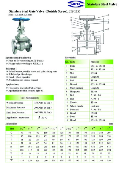 ARITA SGA Gate Valve Stainless Steel - JIK10K