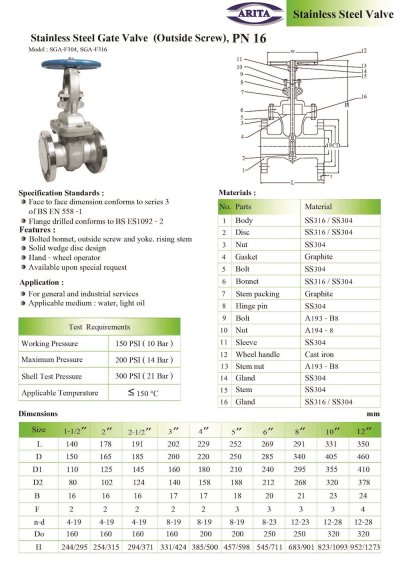 ARITA SGA Gate Valve Stainless Steel - PN16