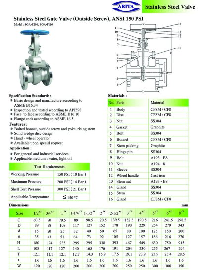 ARITA SGA Gate Valve Stainless Steel - ANSI 150 PSI