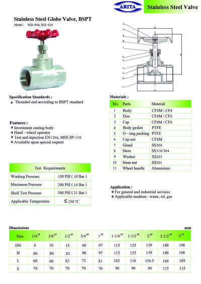ARITA SGL Globe Valve Stainless Steel - BSPT