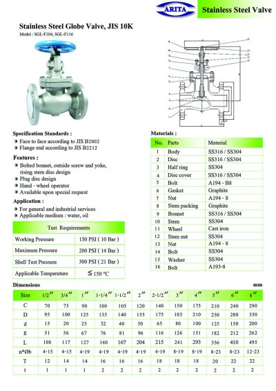 ARITA SGL Globe Valve Stainless Steel - JIS10K