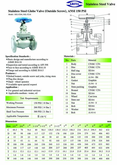 ARITA SGL Globe Valve Stainless Steel - ANSI 150 PSI