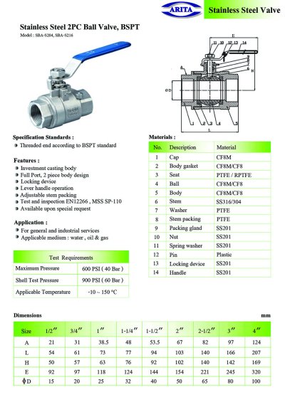 ARITA SBA Ball valve 2PC Stainless Steel - BSPT