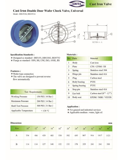 ARITA Cast Iron Double Door Wafer Check Valve - Universal