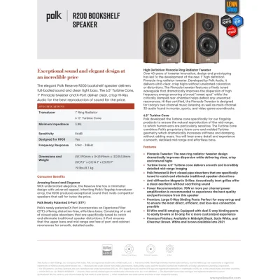 POLK RESERVE R200 (PAIR) BOOKSHELF SPEAKER