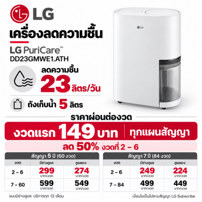 เครื่องลดความชื้น LG PuriCare™23 ลิตร รุ่น DD23GMWE1.ATH