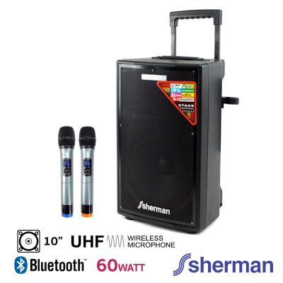 SHERMAN APS-111 ลำโพงล้อลากเคลื่อนที่ 10 นิ้ว พร้อมไมค์ลอยคู่ กำลัง 60W