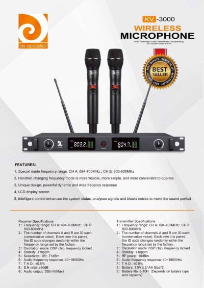 DE ACOUSTICS KV-3000 New ไมค์ลอยถือคู่ ปรับความถี่ได้ พร้อมกระเป๋าเก็บอย่างดี