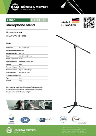 K&M 21070 Tripod Microphone Stand Boom (Black) ขาตั้งไมโครโฟน มีแขนบูม