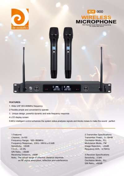 DE ACOUSTICS KH 900 ไมโครโฟนไร้สาย ไมค์ลอยถือคู่