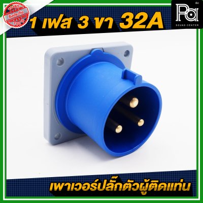 ปลั๊กเพาเวอร์ 1 เฟส 3 ขา 32 A ตัวผู้ติดแท่น