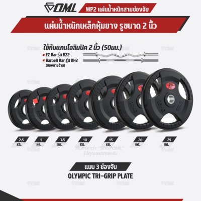 OML WP2 แผ่นน้ำหนักสามช่องจับ(รู 2 นิ้ว) ใช้กับบาร์เบลแกน 2 นิ้ว แผ่นบาร์เบลแบบมีช่องจับSHOPOML แผ่นน้ำหนักโอลิมปิค