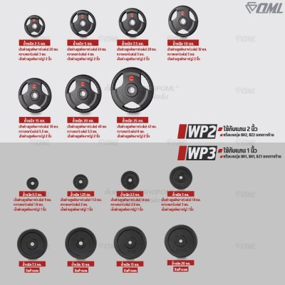 รวมแผ่นน้ำหนัก OML WP1,2,3 ใช้ได้กับบาร์เบลแกน 1 นิ้ว และ 2 นิ้ว แผ่นน้ำหนักโอลิมปิค แผ่นบาร์เบลแบบมีช่องจับ แผ่นน้ำหนัก