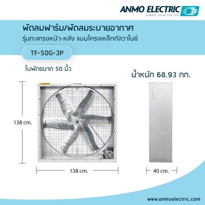 พัดลมอุตสาหกรรม 50" รุ่น TF-50G-3P แบบโครงเหล็กกัลวาไนซ์ 3 เฟส 380 โวลต์