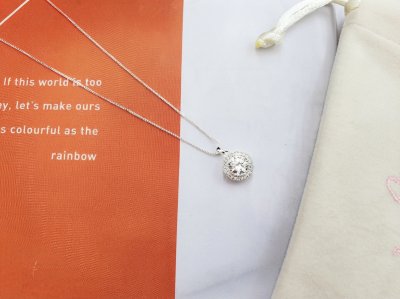 สร้อยคอแฟชั่นจี้ทรงกลมล้อมคริสตัลดีไซน์คลาสสิก ตัวเรือนสีเงิน (Classic Round Halo Crystal Silver Necklace)