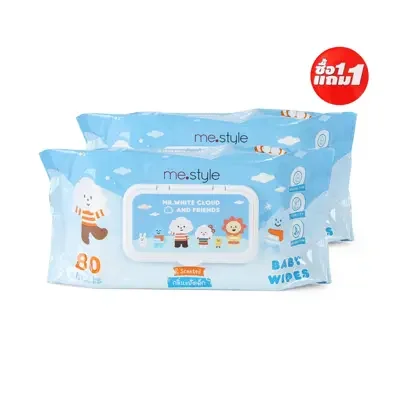 ME.STYLE ทิชชู่เปียก เบบี้ไวพ์ Mr.White กลิ่นแป้งเด็ก ขนาด 80 แผ่น (แพ็ค 1 ฟรี 1)