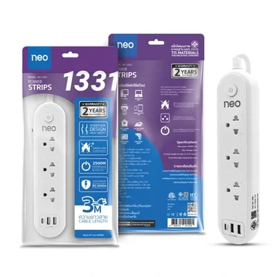 NEO รางปลั๊กไฟ 1 สวิตซ์ 3 ช่อง 2USB 1USBC รุ่น F5ST3-NE01-1331 ขนาด 3 ม. (แพ็คคู่)