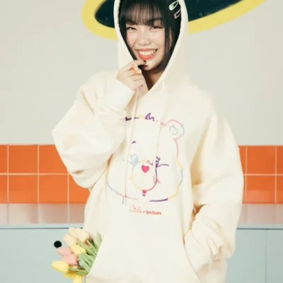 Beige vivid embroidered care bears Hoodie