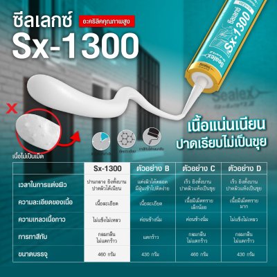 [Sealex]SX-1300 กาวยาแนวอะคริลิค  แด๊ป ซีลแลนท์ ทาสีทับได้ ซ่อมรอยแตก ยึดเกาะ สีขาว ขนาด 460 กรัม