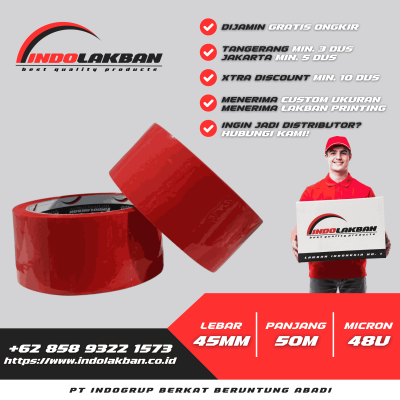 INDOLAKBAN LAKBAN PIGMEN WARNA MERAH 2 INCH 55 YARD - 50 M - LAKBAN WARNA WARNI