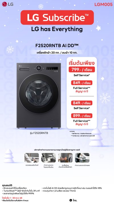 (ซักและอบร้อน) เครื่องซักผ้าฝาหน้า ซัก 20/ อบ 10 กก. F2520RNTB ระบบ AI DD™
