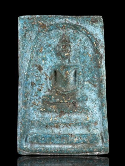 พระสมเด็จวัดระฆังเนื้อสีฟ้าโรยผงตะไบทอง (วซ003)