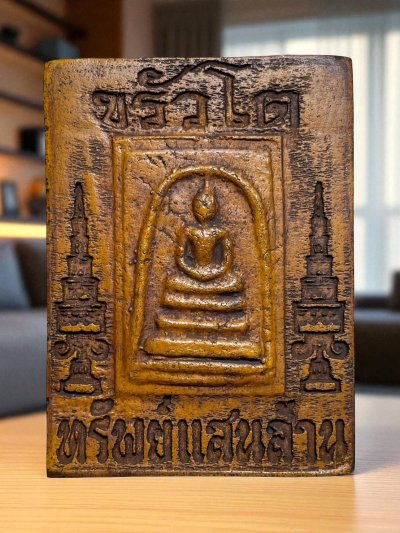 หีบพระสมเด็จวัดระฆังพิมพ์ใหญ่ ทรัพย์แสนล้าน เนื้อสีเหลืองลงรักน้ำเกลี้ยง ด้านในมีพระสมเด็จพิมพ์ใหญ่เนื้อสีเหลืองลงรักน้ำเกลี้ยง แม่เหล็กดูดติด