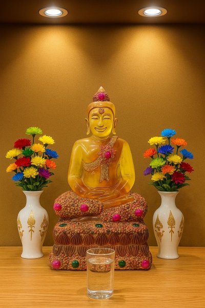 เนื้อหินจุนเจียสีเหลืองน้ำผึ้งประดับพลอยหยกรอบองค์ ขนาดหน้าตัก 9 นิ้ว สูง 7 นิ้ว