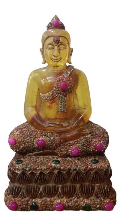 เนื้อหินจุนเจียสีเหลืองน้ำผึ้งประดับพลอยหยกรอบองค์ ขนาดหน้าตัก 9 นิ้ว สูง 7 นิ้ว