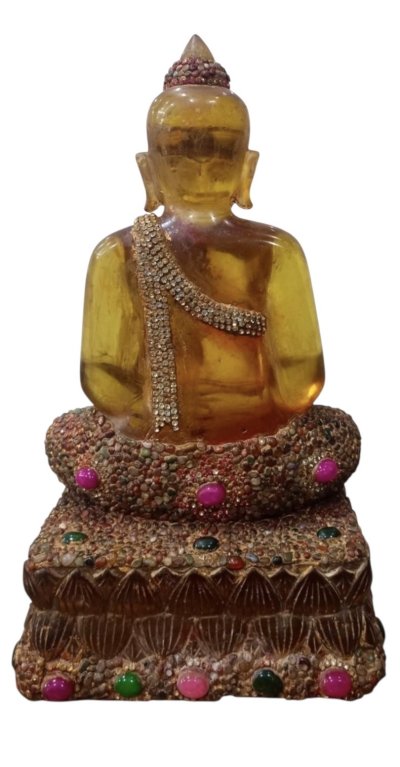 เนื้อหินจุนเจียสีเหลืองน้ำผึ้งประดับพลอยหยกรอบองค์ ขนาดหน้าตัก 9 นิ้ว สูง 7 นิ้ว