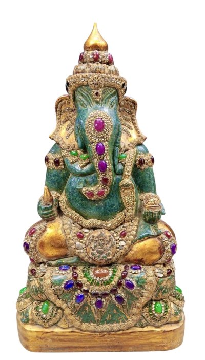 พระพิฆเนศเนื้อหินหยกสีเขียวมรกตประดับพลอย หน้าตัก 9 นิ้ว