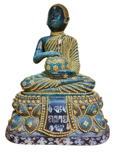 พระอุปคุตจกบาตร เนื้อหินหยกสีเขียว ฐานถอดได้ ใต้ฐานประดับ ลายมุก จปร  2411  รอบองประดับด้วยทองงานช่าง 10 หมู่สวยงาม ขนาดหน้าตัก 5 นิ้ว