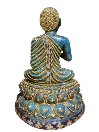 พระอุปคุตจกบาตร เนื้อหินหยกสีเขียว ฐานถอดได้ ใต้ฐานประดับ ลายมุก จปร  2411  รอบองประดับด้วยทองงานช่าง 10 หมู่สวยงาม ขนาดหน้าตัก 5 นิ้ว