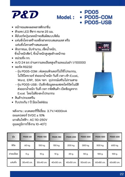 PD05 เครื่องชั่งหน้าจอแยก พิกัด 500 kg. ค่าละเอียด 100 g.