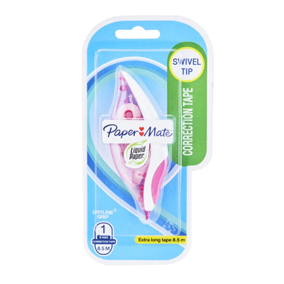 เทปลบคำผิด รุ่น Dryline Grip ด้ามชมพู ขนาด 5 มม. x 8.5 ม. Papermate
