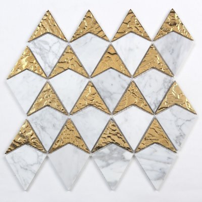 ArtMosaic_3D_Diamond_Shape_GoldWhiteMarble