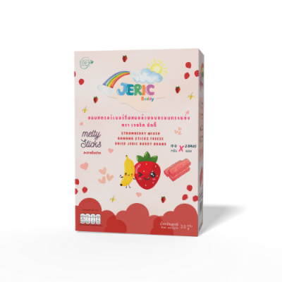 ขนมสตรอว์เบอร์รี่ผสมกล้วยอบกรอบ ทรงแท่ง STRAWBERRY MIXED BANANA STICKS FREEZE DRIED JERIC Buddy Brand 6+