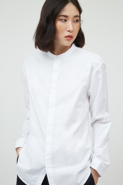 Women's white longsleeves oxford stand collar shirt