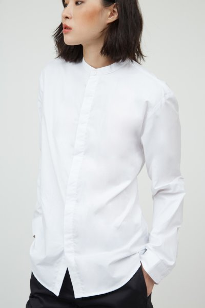 Women's white longsleeves oxford stand collar shirt