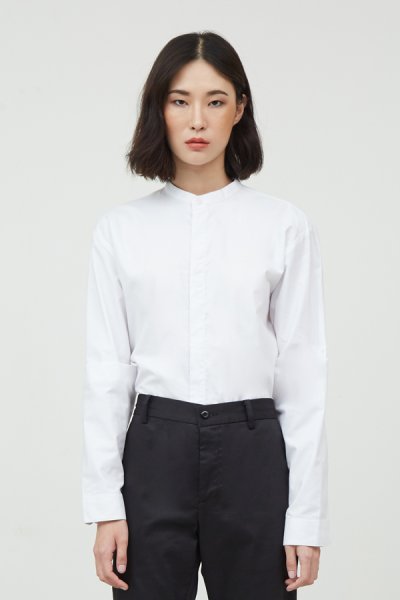 Women's white longsleeves oxford stand collar shirt