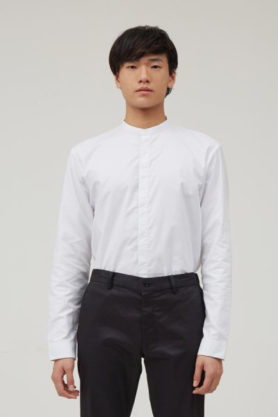 Men's white longsleeves oxford stand collar shirt