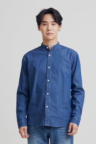 Men's denim stand collar oxford shirt